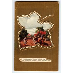 Vintage Embossed Leaf Shape Postcard Ploughman Scene Early 1900s